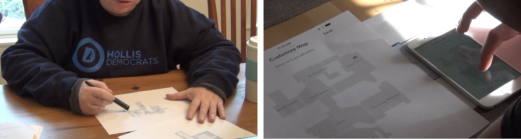 User sketching their home layout during testing